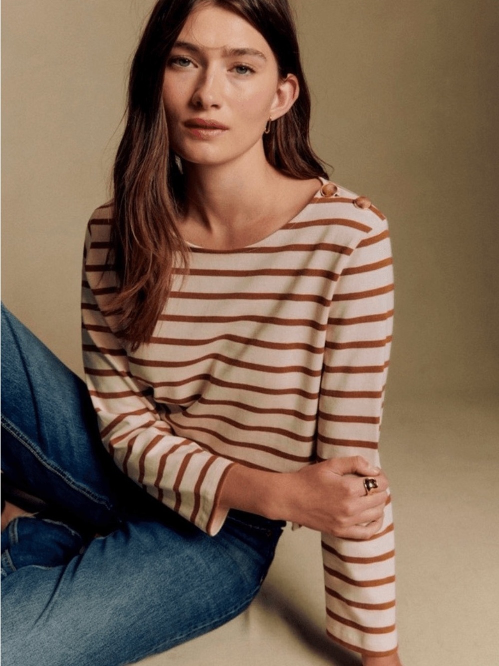 Sezane Cream and Brown Striped Crewneck Sweatshirt
